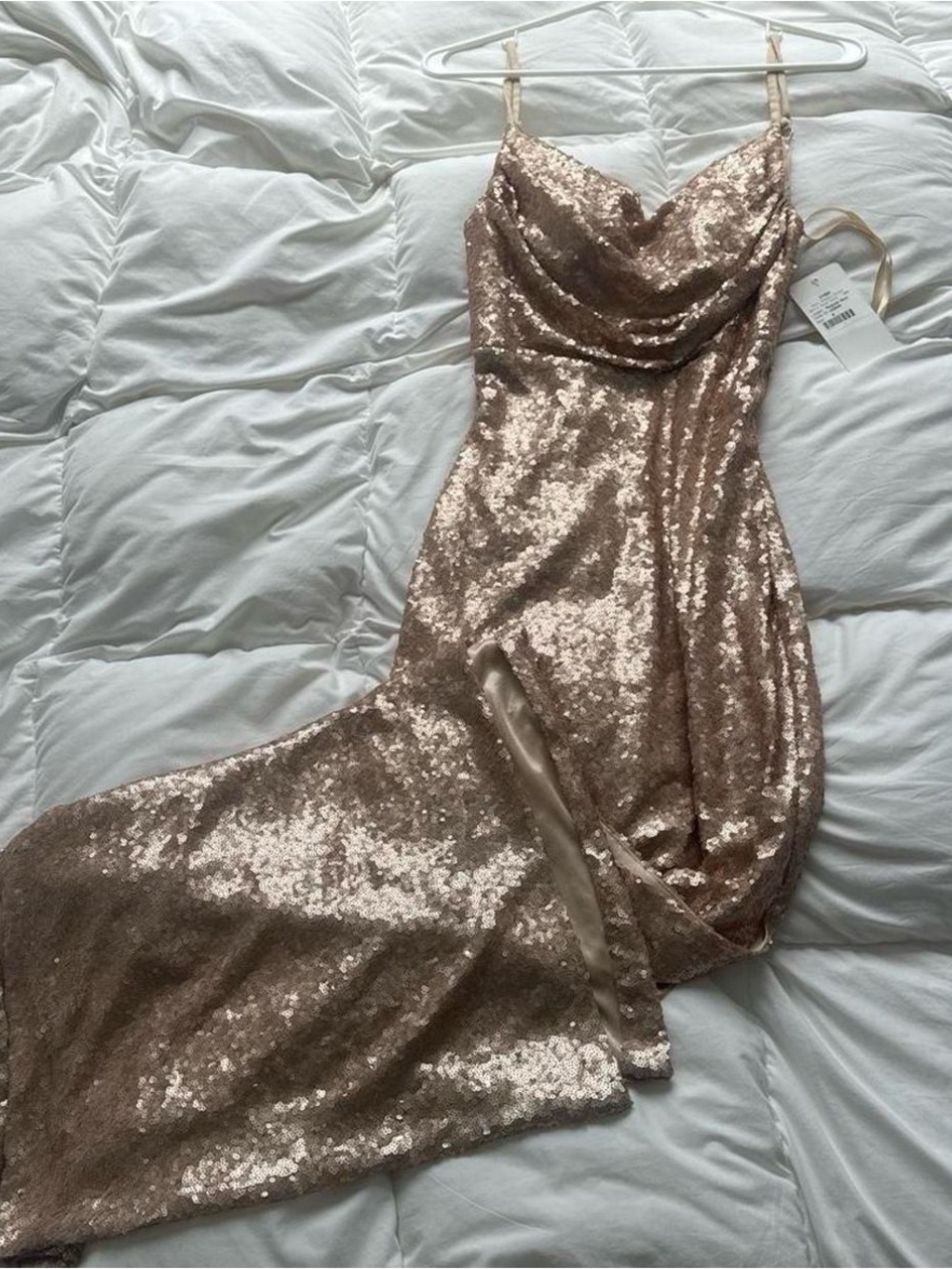 Revelry Rose Gold Sequin Cowl Maxi Dress